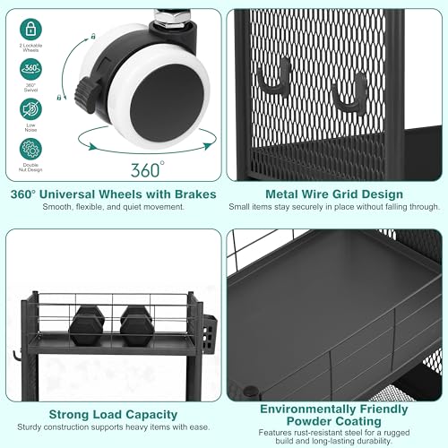3-Tier Rolling Storage Cart Metal Utility Cart with Wheels, Office Organizer with Hanging Cups, Hooks, Book Snack Craft Mobile Shelving Unit for Office Kitchen Nursery - color: Black