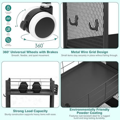 3-Tier Rolling Storage Cart Metal Utility Cart with Wheels, Office Organizer with Hanging Cups, Hooks, Book Snack Craft Mobile Shelving Unit for Office Kitchen Nursery - color: Black