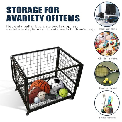Yeeoy Rolling Sports Ball Storage Cart, Multi Large Sports Equipment Organizer Holder with Lockable Lid, Indoor Outdoor Ball Cage Bin Sport Rack for Gym, School, Club