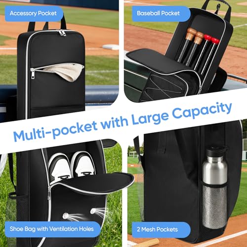 Baseball Bat Bag Backpack for 3-4 Baseball Bats with Multi-pocket and Separate Shoe Compartment, Soft Bat Bag with Fence Hook and Adjustable Shoulder Strap, Suit for Baseball, Softball, T-ball Bat