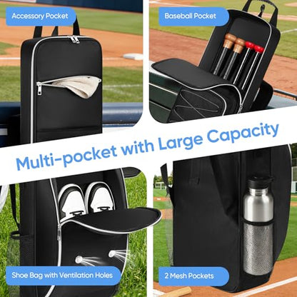 Baseball Bat Bag Backpack for 3-4 Baseball Bats with Multi-pocket and Separate Shoe Compartment, Soft Bat Bag with Fence Hook and Adjustable Shoulder Strap, Suit for Baseball, Softball, T-ball Bat