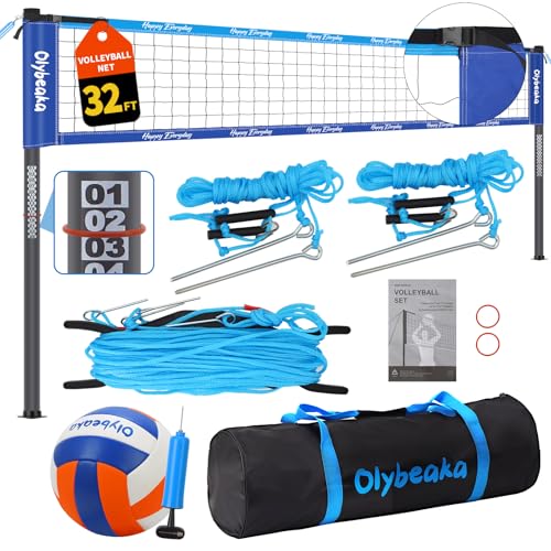 32ft / 20ft Portable Outdoor Volleyball Net Set for Grass Backyard Beach with 1.25" Height Adjustable Steel Poles, 28-ply Durable PE Net, PU Volleyball & Pump, Carry Bag - color: Dark Blue + Light Blue, size: 32ft