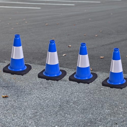 4 Pack 12 Inch Blue PVC Traffic Cones Black Base, Sport Training Cones for Soccer Drills, Outdoor Play, Indoor Gym Activities (4, Blue, 12 Inch)