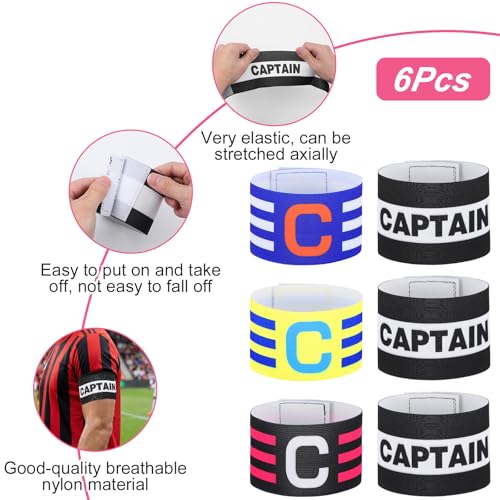 6 Pcs Captain Armbands, Black Soccer Captain Armband Adjustable Leader Armband Team Sport Armbands Football Rugby Basketball Player Band for Adult Youth Soccer Volleyball Team