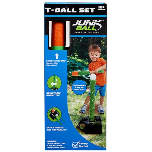 Junk Ball: T-Ball Set - Adjustable Height, Lightweight Bat & Pro Max Balls, Beginners Baseball, Backyard Sport, Outdoor Activity, Toddler-Kids 18 Mo+