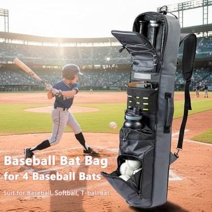 Rolling Baseball Bat Bag with Wheels, Large Capacity Gear Bag Holds 4 Bats, Reinforced Hard Base & Structured Back Panel, Top & Bottom Grab Handles, Shoe & Helmet Compartments for Youth &Adult Players - color: Grey - Slim Style - No Wheels