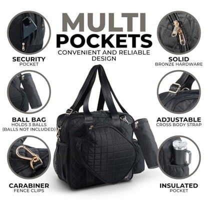 IZARI Designer Pickleball Bag For Women With Fence Hook | Original Stylish Quilted Sports Bag for Pickle Ball with Ball Bag - size: Large