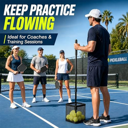 Pickleball Picker Upper 20+ Ball Capacity Foldable Pickleball Hopper Storage Basket Telescopic Handle Ball Retriever for No Bending Lightweight Pickleball Accessories for Coaches Players