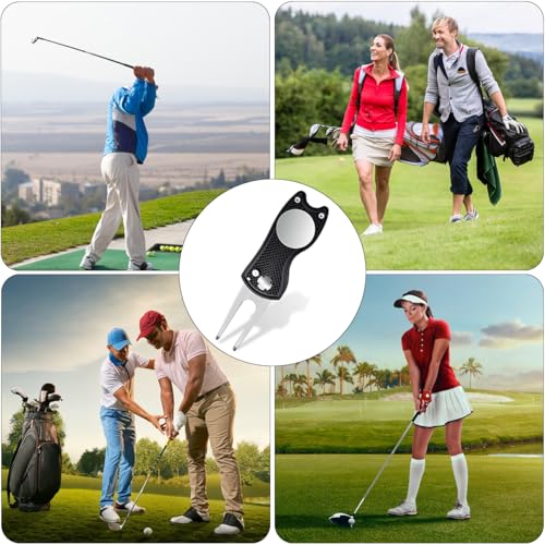 Golf Divot Repair Tool, 1 Pack, Black Metal Foldable Golf Repair Kit with Magnetic Putt Alignment Ball Marker & Pop-up Button Ball Marker, Stainless Steel Ball Marker Switchblade for Golfers