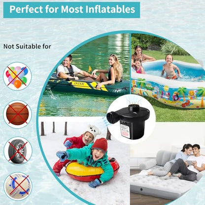 Air Pump for Inflatables - Electric Air Mattress Pump with 3 Nozzles, Portable Quick-Fill Inflator Air Pump for Inflatable Boat, Air Mattress Beds, Swimming Ring, Compatible with Home and Car Adapter