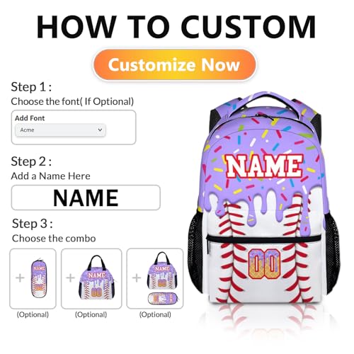 Kids Schoolbag for Girls Custom Ice Cream Baseball Backpack for Children Teen Baseball School Supplies, 17 Inch Cute Girls Bookbag for Preschool Elementary Kindergarten Vacation Travel Picnic
