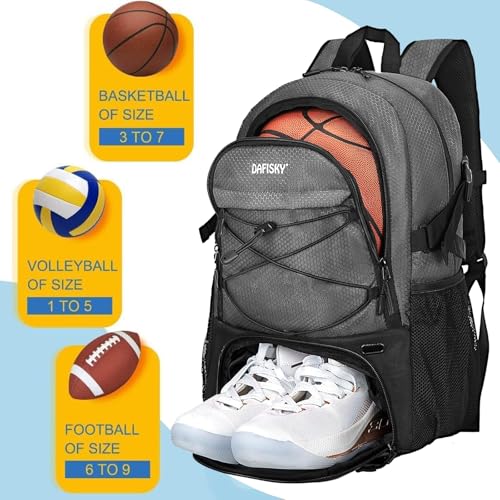 DAFISKY Basketball Backpack, Basketball Bag with Ball Holder Shoes Compartment, Sports Equipment Bag for Soccer Ball, Volleyball - color: Grey