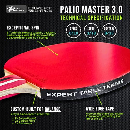 Palio Master 3.0 Table Tennis Bat & Case | ITTF-Approved Intermediate Ping Pong Racket | Allround Speed, Spin and Control | Case, ITTF-Approved, Allround Speed, Spin, Control - style: Set of 2 Rackets