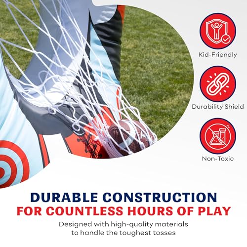 Preferred Toys 65” Inflatable Football Target Net Toss Game - Double-Sided Throwing Practice Football Stuff with Mini Balls - Backyard Tailgate Party Sports Toy for Kids & Adults - color: Red/Blue