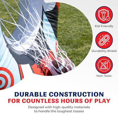 Preferred Toys 65” Inflatable Football Target Net Toss Game - Double-Sided Throwing Practice Football Stuff with Mini Balls - Backyard Tailgate Party Sports Toy for Kids & Adults - color: Red/Blue