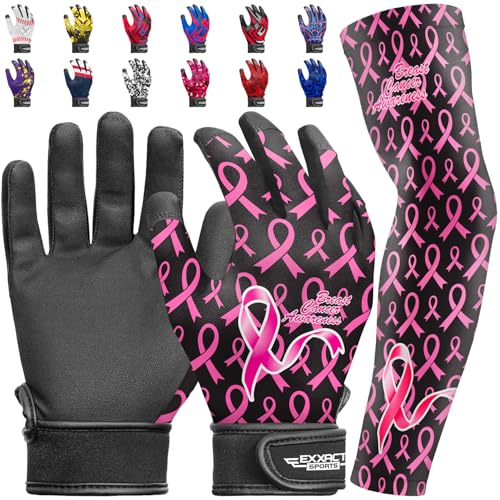 Exxact Sports Youth Batting Gloves with Arm Sleeve for Boys & Girls, Kids Baseball Batting Gloves for Softball, T-Ball - color: BREAST CANCER, size: Youth Small / Medium