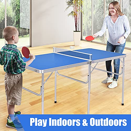 Goplus Foldable Ping Pong Table, 100% Preassembled, Table Tennis Table with Net, 2 Paddles, Ping Pong Balls, Portable Table Tennis Game Set for Indoor Outdoor - style: Blue-60''