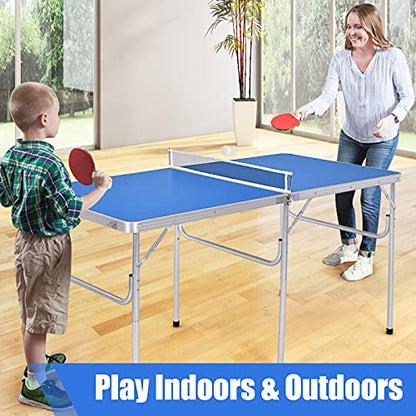 Goplus Foldable Ping Pong Table, 100% Preassembled, Table Tennis Table with Net, 2 Paddles, Ping Pong Balls, Portable Table Tennis Game Set for Indoor Outdoor - style: Blue-60''