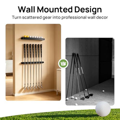 Wall-Mounted Golf Club Holder with Golf Ball Display Holder, 8 Clips Wooden Club Rack for Golfers & Collectors, Ideal Golf Accessories for Simulator, Garage, and Sports Room Wall Display