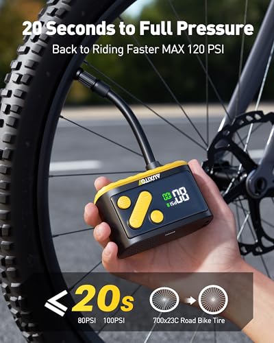 AUXITO Electric Bike Pump 20s Fast Inflate 120 PSI, Mini Air Pump with Gauge, Auto Stop, Presta and Schrader Valve, Portable Bike Pump for Mountain Bike, Road Bike, E-Bike, Sports Ball