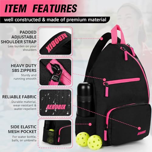 AEROBIX Pickleball Bag for Women & Men, Pickle Ball Backpack - Upgraded Zippers, Large Capacity, Padded Paddle Pocket, Adjustable Sling Bag (No Accessories) - color: PINK