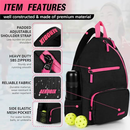 AEROBIX Pickleball Bag for Women & Men, Pickle Ball Backpack - Upgraded Zippers, Large Capacity, Padded Paddle Pocket, Adjustable Sling Bag (No Accessories) - color: PINK