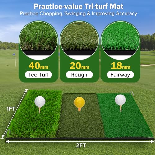 Golf Chipping Net with Tri-Turf Hitting Mat Set - Foldable Practice Target, 12 Foam Balls & 6 Tees in Carry Bag - Indoor Outdoor Backyard Golf Precision Training Gift & Aid for Beginners