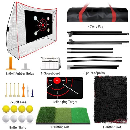 Golf Net, 10x7FT with Golf Practice Mat, Hitting Aid Net with Multi Targets Training for Backyard Driving Chipping Indoor Outdoor Use, 7-Ply Anti-Tear Netting & Carry Bag, Gifts for Men Dad Him Golfer