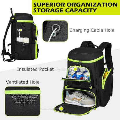 HAMBOLY Pickleball Bag for Men & Women, Large Pickleball Backpack with Shoes Compartment and Cooler, Fence Hook Design - color: Black + Green