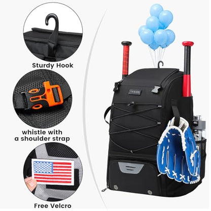 Softball Bag,Softball Bat Bag For Youth Adults,Baseball Bag with Fence Hook for TBall Bat & Equipment,Lightweight Baseball Bat Backpack with Shoe Compartment,Large Main Compartment for Helmet - color: Black