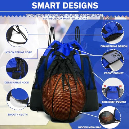 KAEGREEL Drawstring Soccer Bag Basketball Backpack for Kids Teens, Foldable Sports Bags Detachable Ball Mesh Bag for Gym Yoga Football Baseball - color: Blue