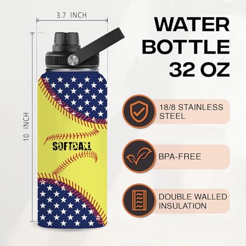 Softball 32oz Stainless Steel Tumbler Insulated Water Bottle for Men Women, Softball Gifts for Women Girls Sport Player Fan Coach - color: Softball