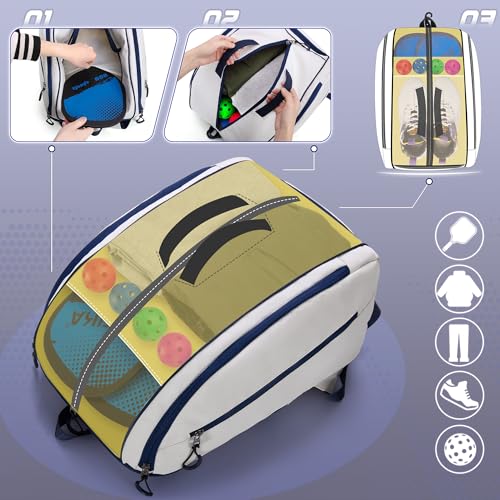 Smasrob Pickleball Bag Fits 4 Pickleball Paddles, Pickleball Backpack with Laptop Pocket, Shoe Compartment and Fence Hook - color: Beige