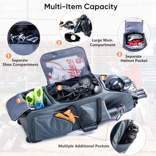Large Rolling Baseball Catchers Gear Bag with Wheels, Softball Bag with Hard Backing for 4 Bats,Equipment Bag with Separate Shoe & Helmet Compartments, Youth Baseball Bag with 360° Spinner Wheels - color: Grey, size: Style B - Heavy-Duty Rolling Base