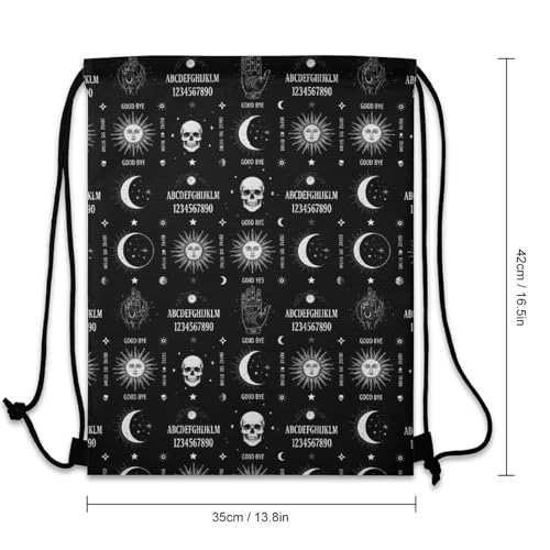 Waterproof Drawstring Bag Gym Sack Sports Backpack for Hiking Swimming Beach Yoga Gear Lightweight Unisex, Skull Moon Sun Gothic Witch Board Seamless Black Bags - color: Picture (358)