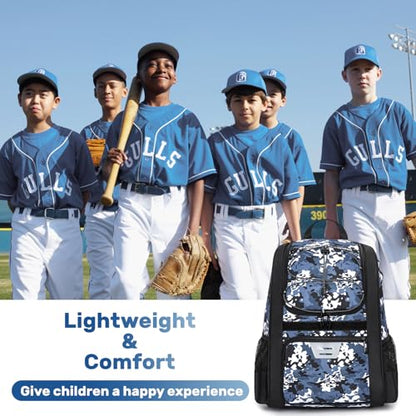 KAVIGOR Youth Baseball Bag, Softball Bag for Girls & Boys, Kids Tball Backpack with Shoes Compartment - color: Blue Camo