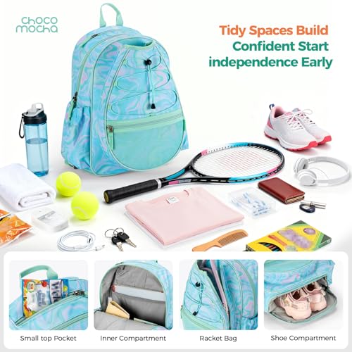 Choco Mocha Kids Tennis Bag, 16 Inch Youth & Junior Tennis Backpack with Shoe Compartment, Holds 2 Rackets (21–23 Inch) - color: Colorful Green