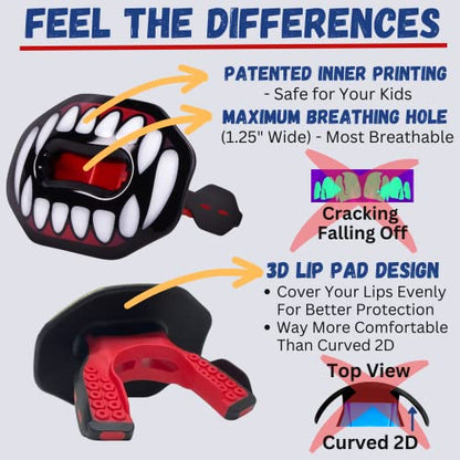 Oral Mart Flag Football Mouth Guard with 3D LipFit Design for Kids - Youth Football Mouthguard (No Boil) Cool Instant Fit Lip Guard Mouthpiece for Braces (Detachable Helmet Strap Included) - color: Fangs/Vampire