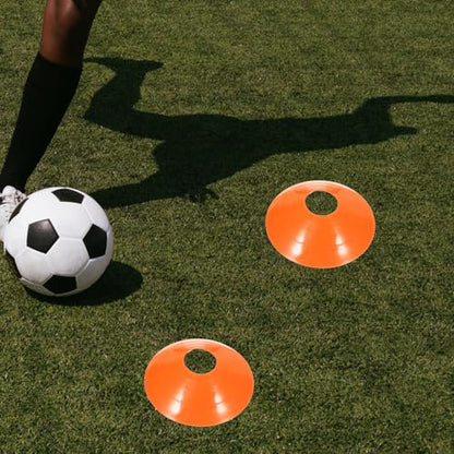 SOLUSTRE Soccer Training Cones Disc Set with Straps, 50 Orange Lightweight Agility Practice Markers, Portable Football Obstacle Equipment for Soccer Drills and Coaching