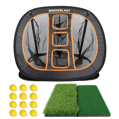 Professinoal Golf Chipping Net with Golf Hitting Mat,12 Practice Foam Balls and 2 Pixing Pins, for Indoor and Outdoor Target Chipping Training - style: Chipping Net+Dual-Turf Hitting Mat