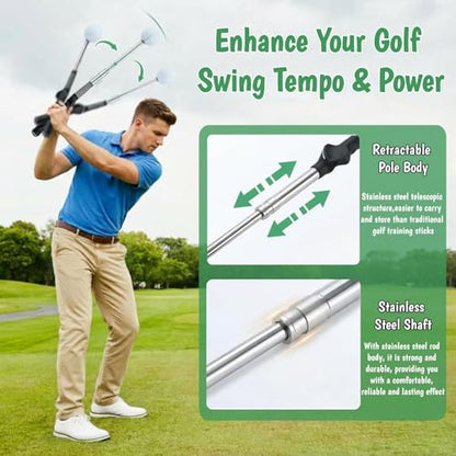 Retractable Golf Swing Training Aid, Golf Alignment Sticks for Swing Tempo & Chipping Practice, Golf Grip Trainer Right Hand with Arm Band for Beginners, Indoor Outdoor Practice
