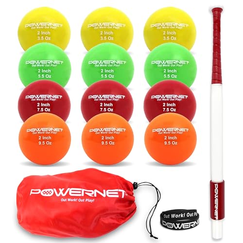 PowerNet Corbin Carroll Sweet Spot Training Bat + 2" Progressive Micro Ball 12 Pack Complete Bundle for Baseball Softball, 3.5-9.5oz, Hand-Eye Coordination, Undersized
