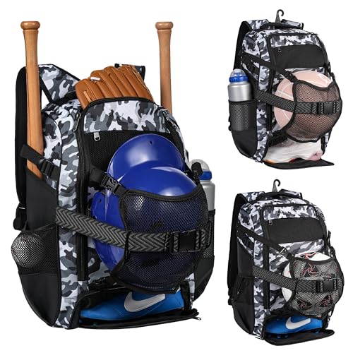 Large Baseball Backpack for Adult Youth 42L Softball Bat Bag with Detachable Adjustable Helmet Mesh Pocket Fit Basketball Soccer Volleyball Baseball Equipment Bag for Men Women 12+ Boys Girls - color: Black White Camouflage