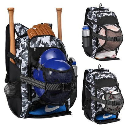 Large Baseball Backpack for Adult Youth 42L Softball Bat Bag with Detachable Adjustable Helmet Mesh Pocket Fit Basketball Soccer Volleyball Baseball Equipment Bag for Men Women 12+ Boys Girls - color: Black White Camouflage