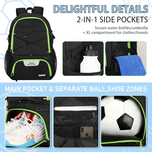 Goloni 30L Sports Backpack with Ball Compartment & Ventilated Shoe Pocket,Basketball Soccer Bag for Youth Boys Girls - color: Black Green
