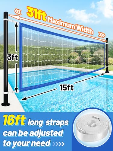 15 x 3 FT LED Pool Volleyball Net Replacement - Adjustable Strap Length 15-31 Ft for Inground Pools, Light Up Water Volleyball Net for Teens/Adults/Family Pool Backyard Party Game