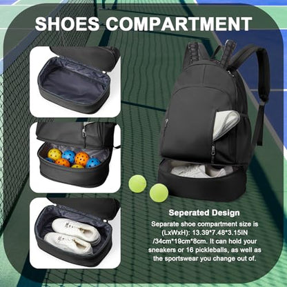 Pickleball Backpack for Women Men, Gym Back Pack with Shoe Compartment Pickleball Bag Fits 2 Pickle Ball Paddles