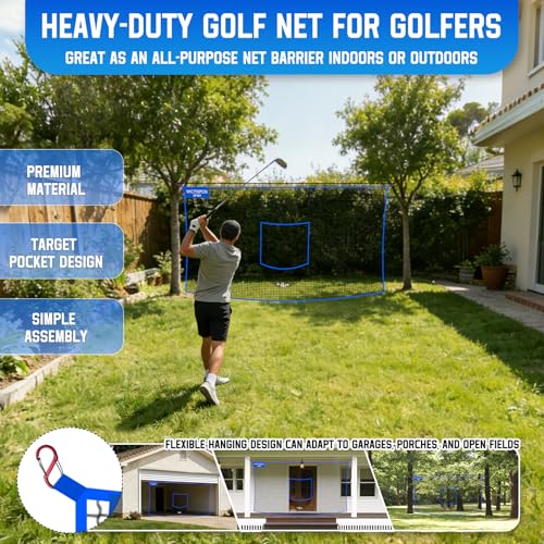 Golf Net with Target Pocket, 20ft/15ft/10ft Golf Practice Net, Heavy-Duty Multi Sports Netting Barrier, Golf Hitting Net for Golfer Garages Backyard Driving Swing Chipping, Indoor Outdoor Use - size: 20ftx10ft