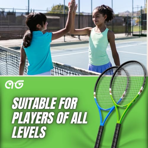2 Player Lightweight Tennis Racket Training Set - 27-inch Adult Recreational Rackets for Men, Women, and Youth - Two-Color Variety Pack with Enhanced Grip Tape and Carry Bag for Easy Transport