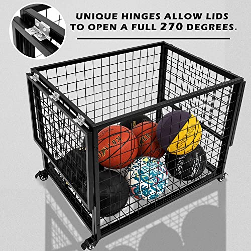 rehomerance Ball Cart Garage Sports Equipment Basketball Organizer with Lockable Lid, Basketball Storage Bin for Indoor Outdoor, Rolling Exercise Ball Holder for Gym, School, Club